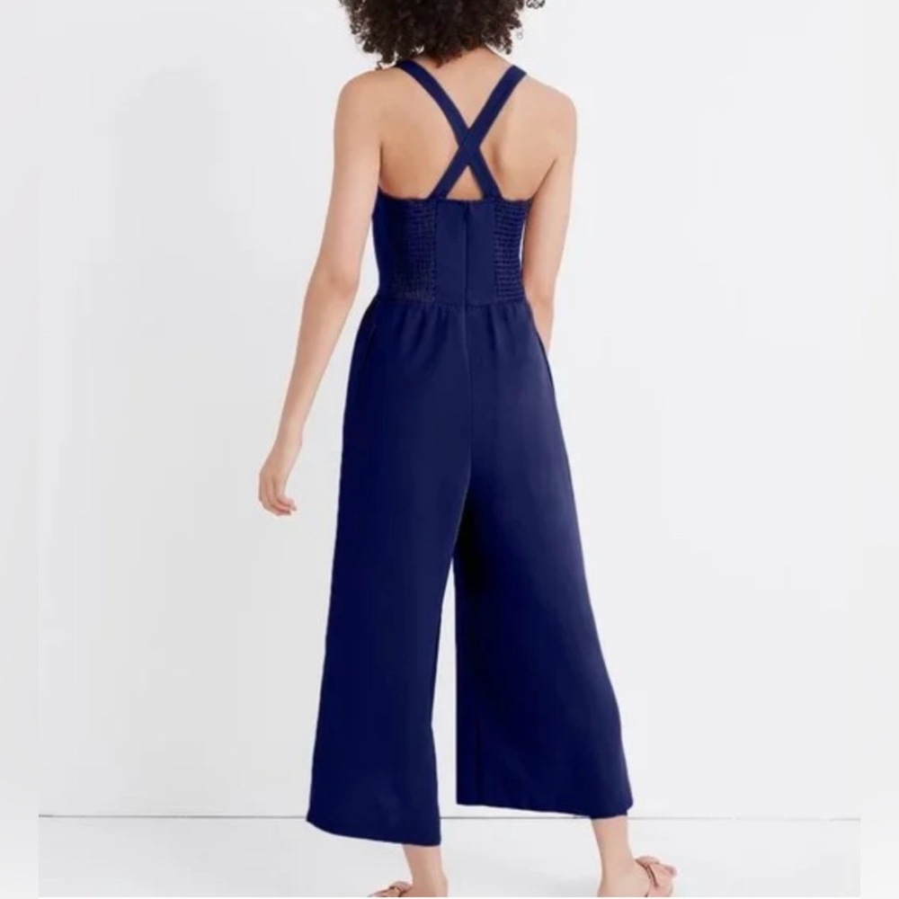Madewell Women’s 2 Navy Blue Sleeveless Smocked Wide Leg Cropped Jumpsuit - Picture 3 of 13